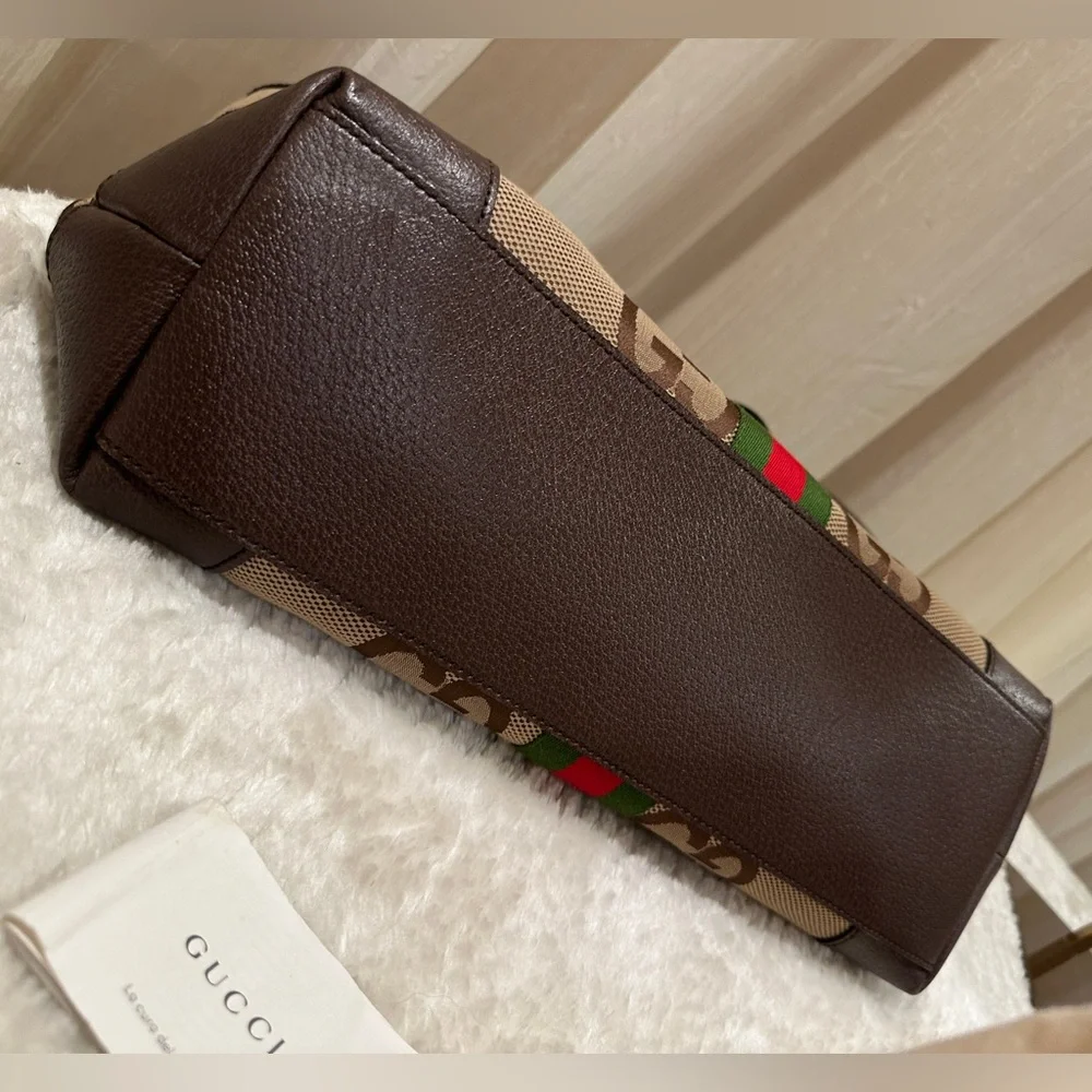 Authentic Gucci Monogram Jumbo GG Textured Calfskin Ophidia Tote Camel Ebony✨ - Picture 6 of 17